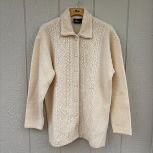 Vintage Liz Sport Wool Cardigan Women's Medium Cream Cable Knit Winter Coastal